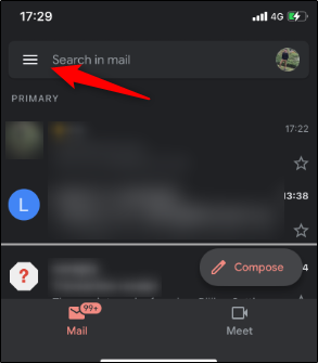 Иконка гамбургер‑меню в мобильном Gmail