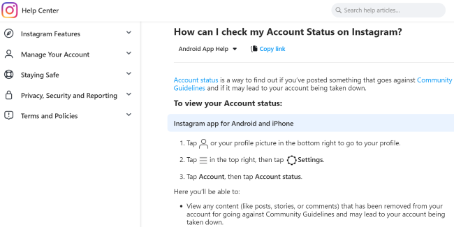 Пример статьи в Справочном центре Instagram с инструкциями.