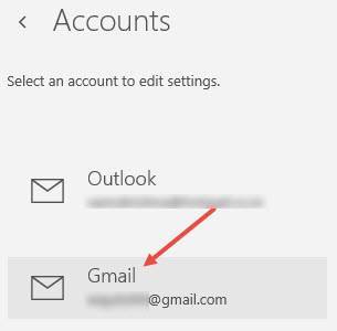 Выбор добавленной учётной записи Gmail
