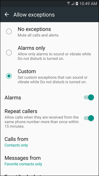 Параметры исключений — Samsung