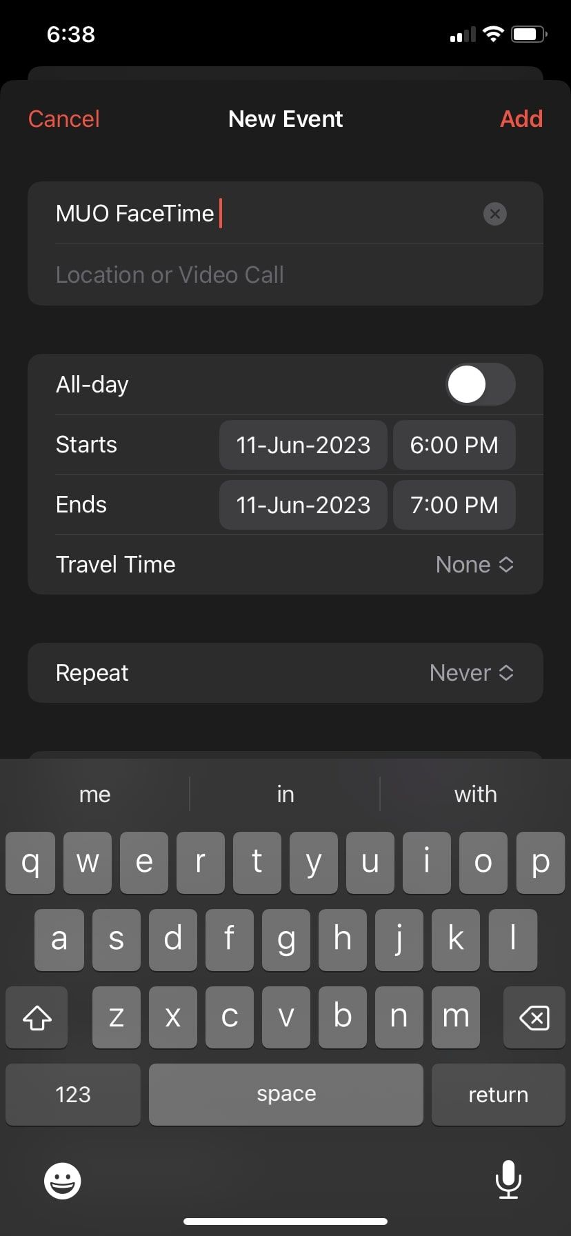 Настройки создания события на iPhone