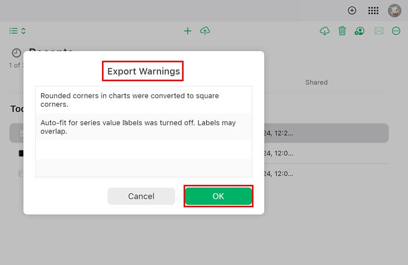 Диалог предупреждений экспорта — кнопка OK