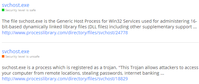 Страница Process Library с результатом для svchost.exe