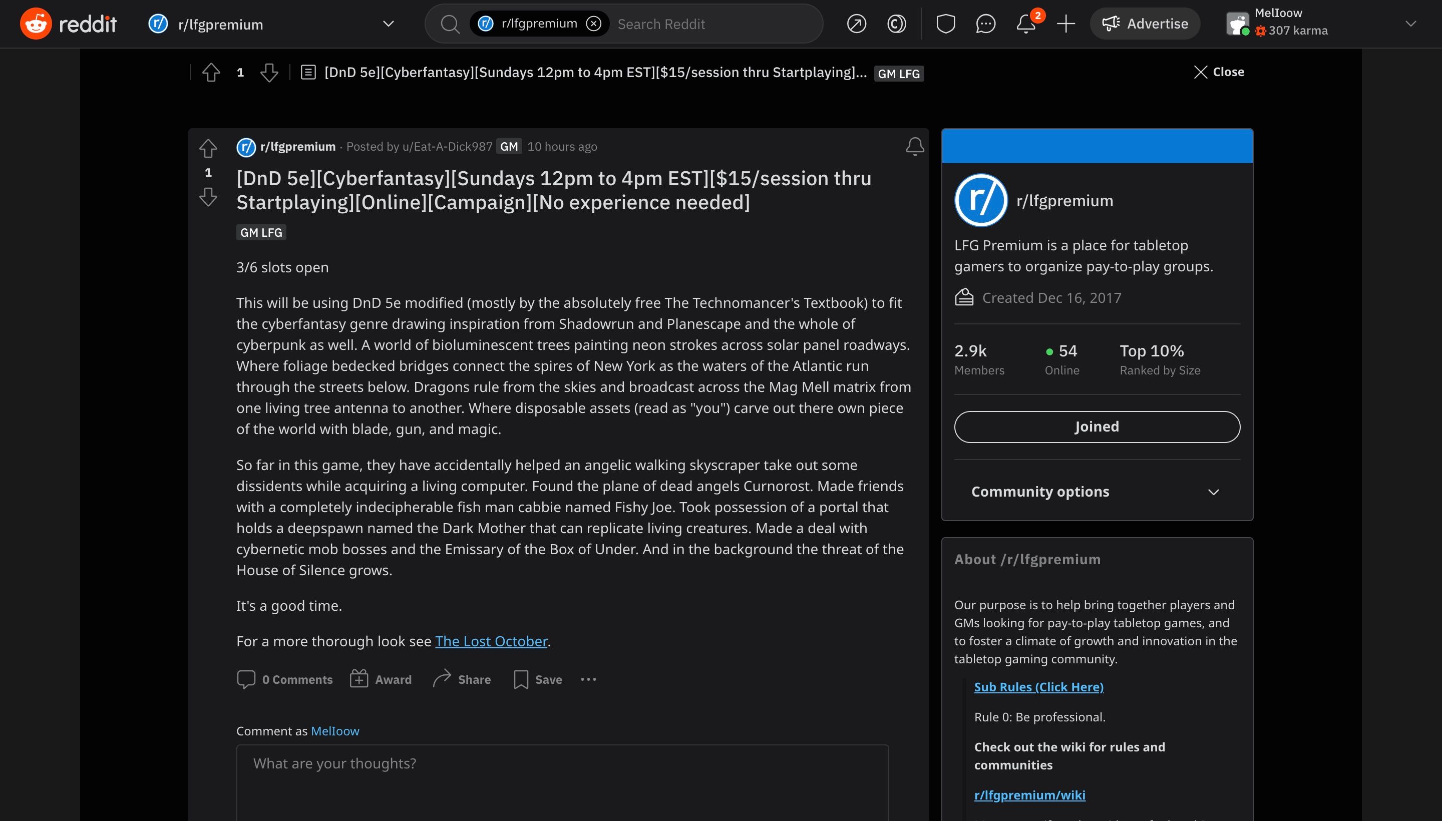 Объявление в LFG Premium на Reddit с предложением игры за $15