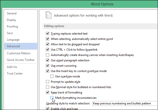 Скриншот: снятие галочки «Отмечать несоответствия форматирования» в параметрах