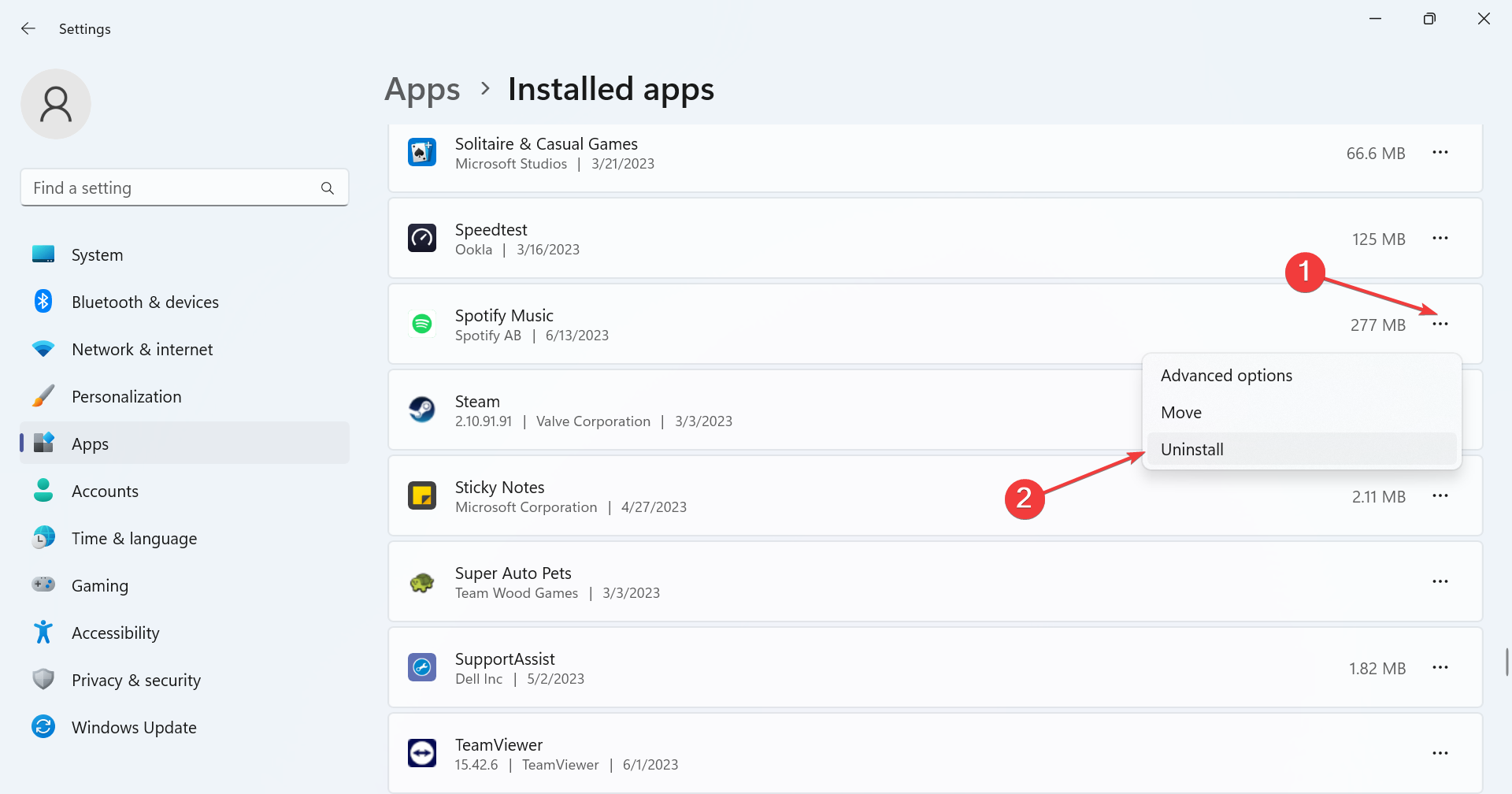 Удаление Spotify через Параметры