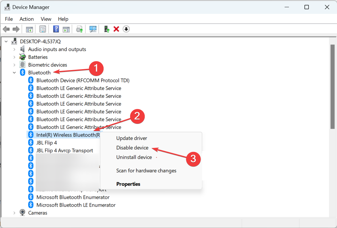 Контекстное меню адаптера Bluetooth: Отключить устройство