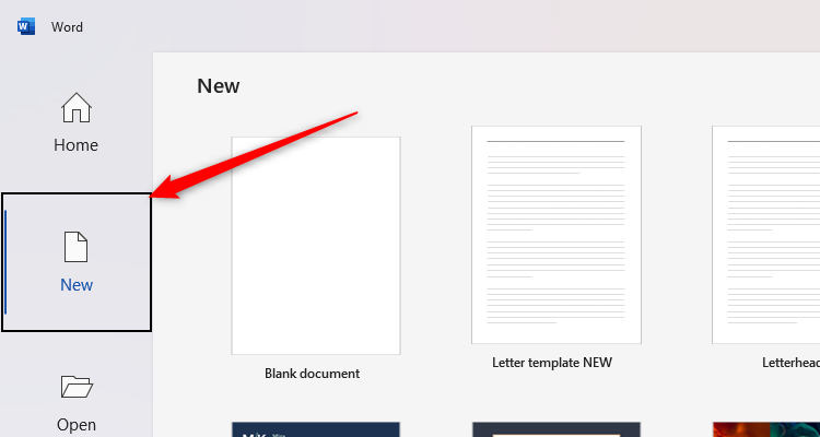 Страница приветствия Microsoft Word с выделенной опцией Новый.