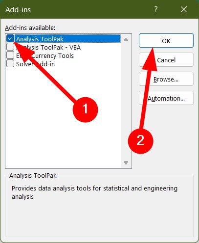 Включение флажка Analysis ToolPak и подтверждение