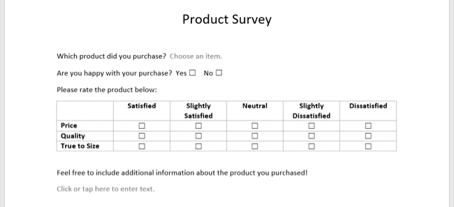 Готовый опрос в Word с примерами полей для ответа.