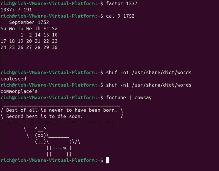 Captura de comandos de easter egg do Linux executados em um terminal.