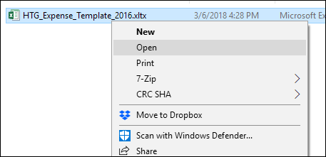 Контекстное меню файла шаблона с командой Открыть