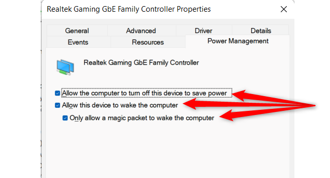 Параметры Wake-on-LAN в свойствах сетевого адаптера Windows 11