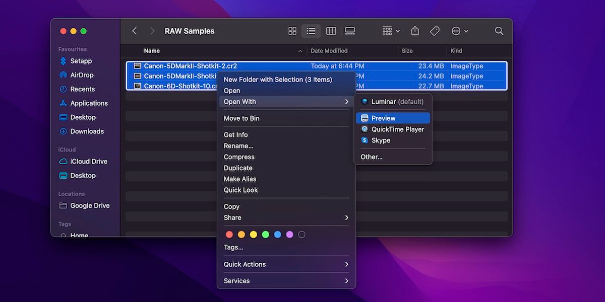 выбор файлов и открытие в Preview