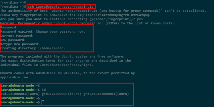 Вход по SSH на ubuntu-node под пользователем FreeIPA laura