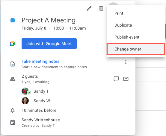 Передать организатора в Google Календаре