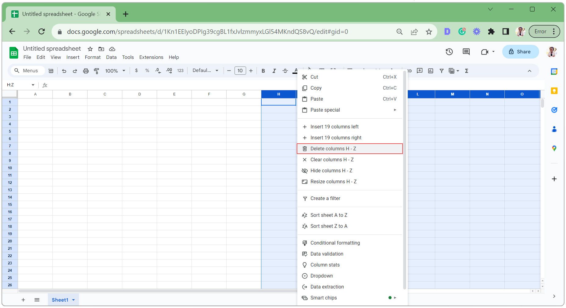 Удалить неиспользуемые столбцы в Google Sheets