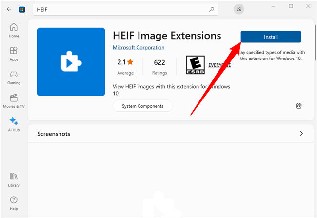 Кнопка «Установить» на странице расширения HEIF в Microsoft Store.