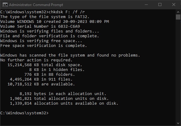 CHKDSK concluído com relatórios de erros corrigidos