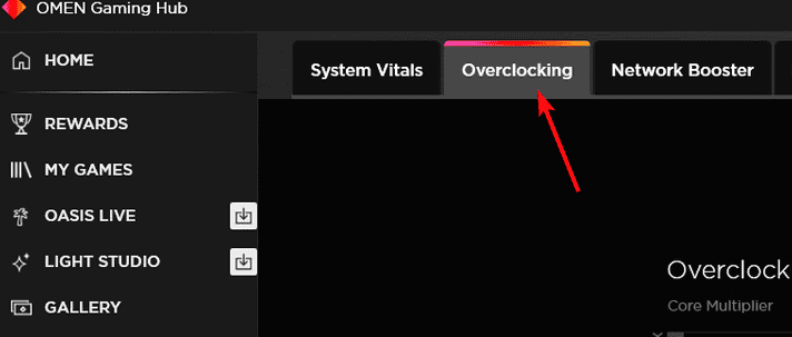Вкладка Overclocking в OMEN Gaming Hub