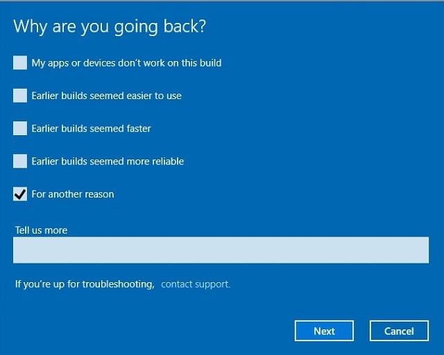 Окно с вопросом о причине отката в Windows 10