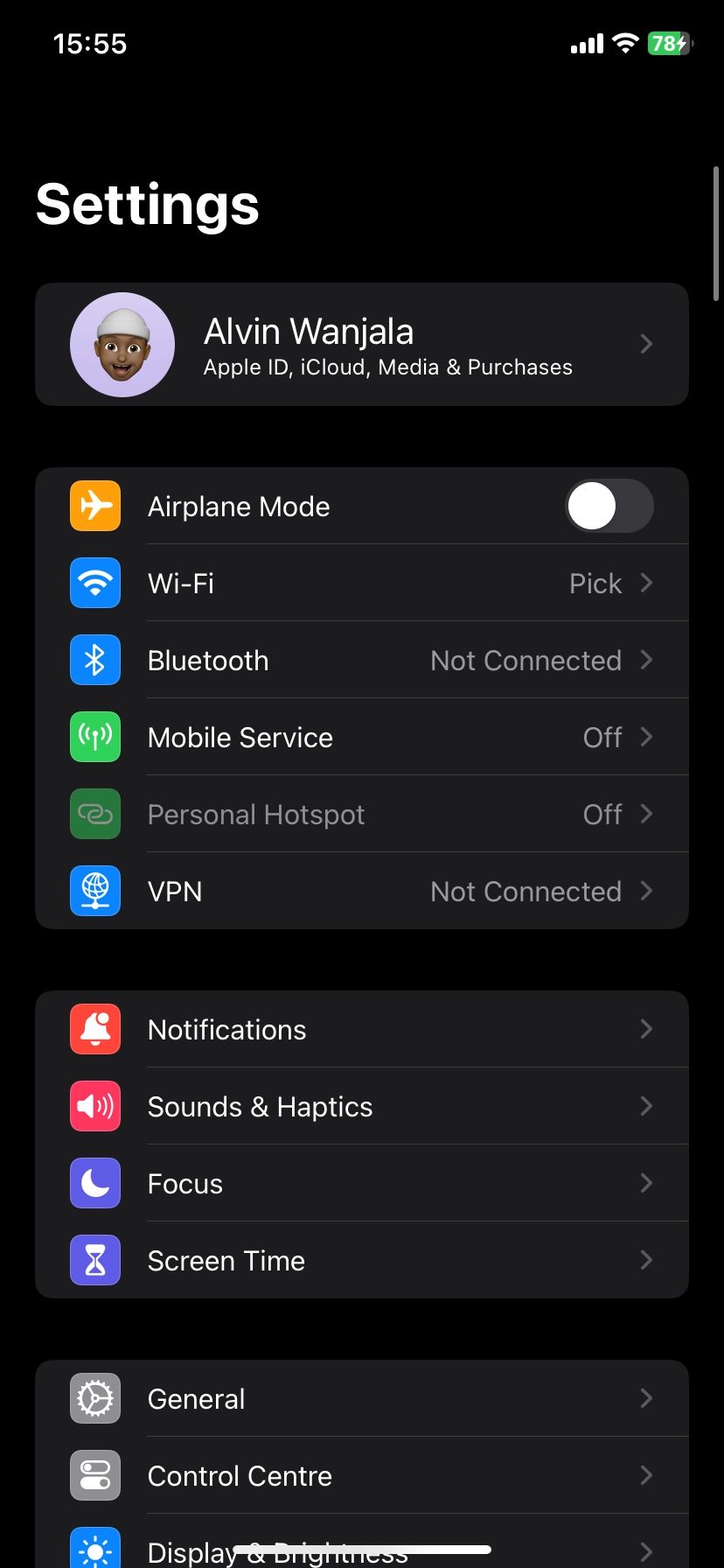 Экран настроек iOS