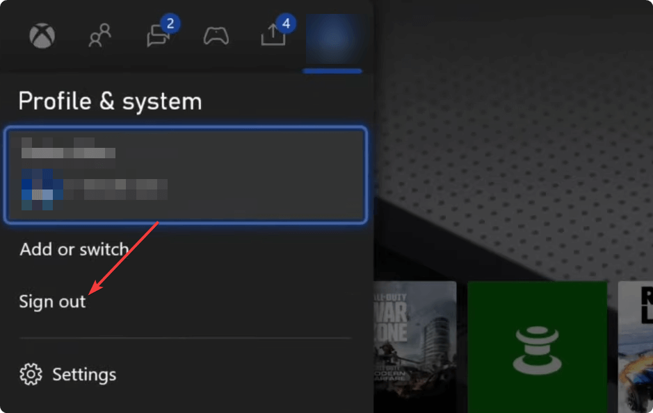 Кнопка выхода из профиля Xbox