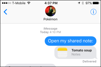 Принятие приглашения и открытие общей заметки на устройстве