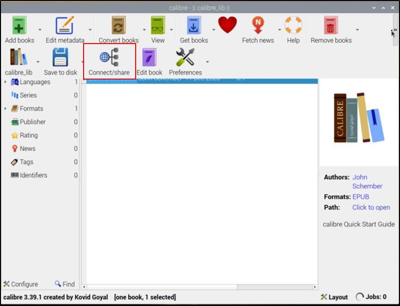Кнопка подключения и общий доступ в Calibre