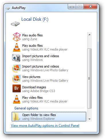 Диалог автозапуска при подключении виртуального диска