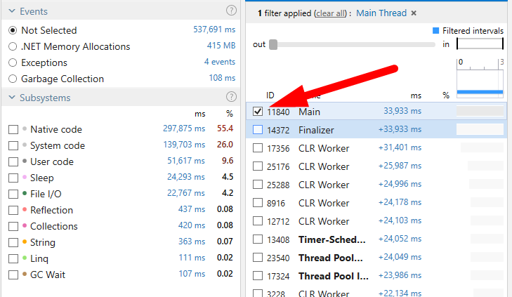 dotTrace: фильтрация по потокам и подсистемам