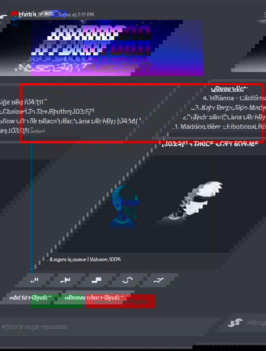Окно очереди песен Hydra с перечнем треков