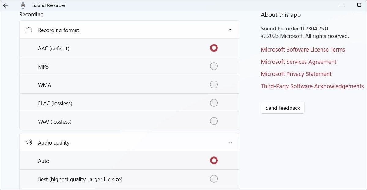 Окно настроек приложения Диктофон в Windows