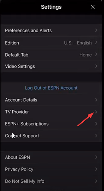 Опция провайдера ТВ в приложении ESPN