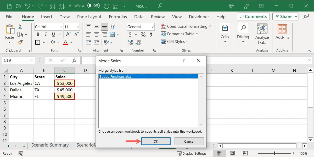 Выбор рабочей книги для объединения стилей