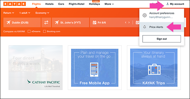 Секция «Мой аккаунт» с опцией «Price Alerts»