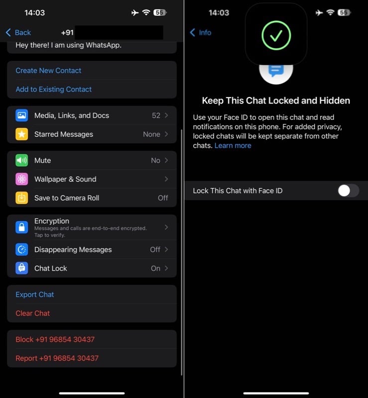 Отключение функции Chat Lock в WhatsApp