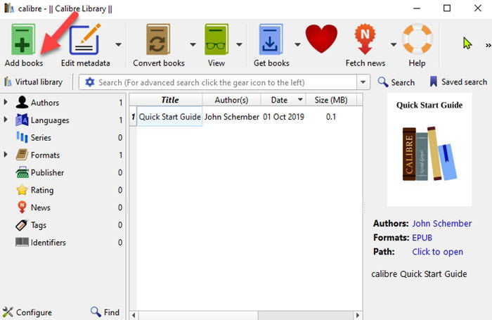 Calibre: окно добавления книг в библиотеку