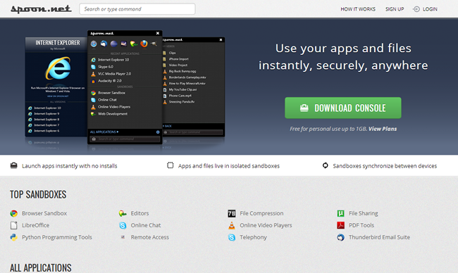 Интерфейс библиотеки приложений Spoon.net с категориями и быстрым доступом