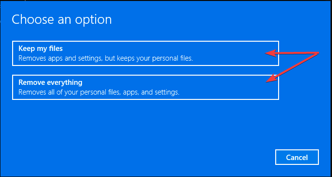 Выбор варианта в мастере сброса