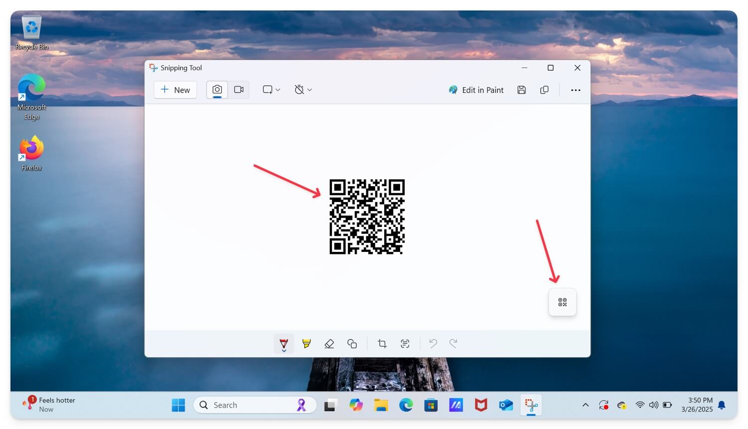 Snipping Tool обнаружил QR‑код на изображении