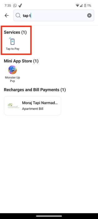 Opción Tap to Pay dentro de los servicios de Paytm