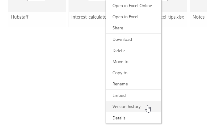 Просмотр списка версий в OneDrive