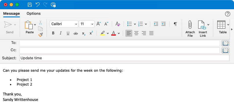 Окно создания письма в Outlook на Mac