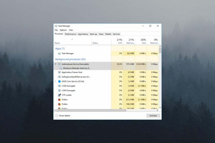 Отключить Antimalware Service Executable в Windows