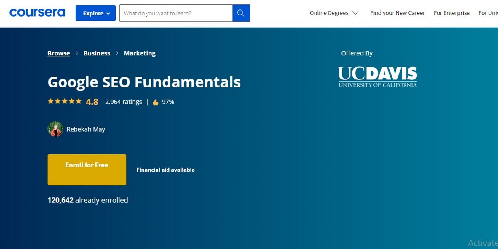 Сертификат курса SEO на сайте UC Davis