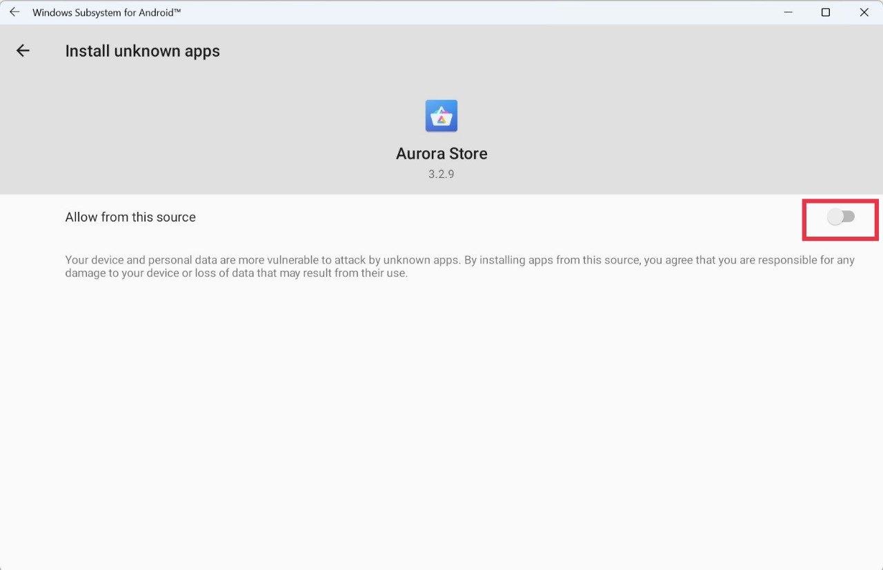 Окно разрешений установки из неизвестных источников в WSA