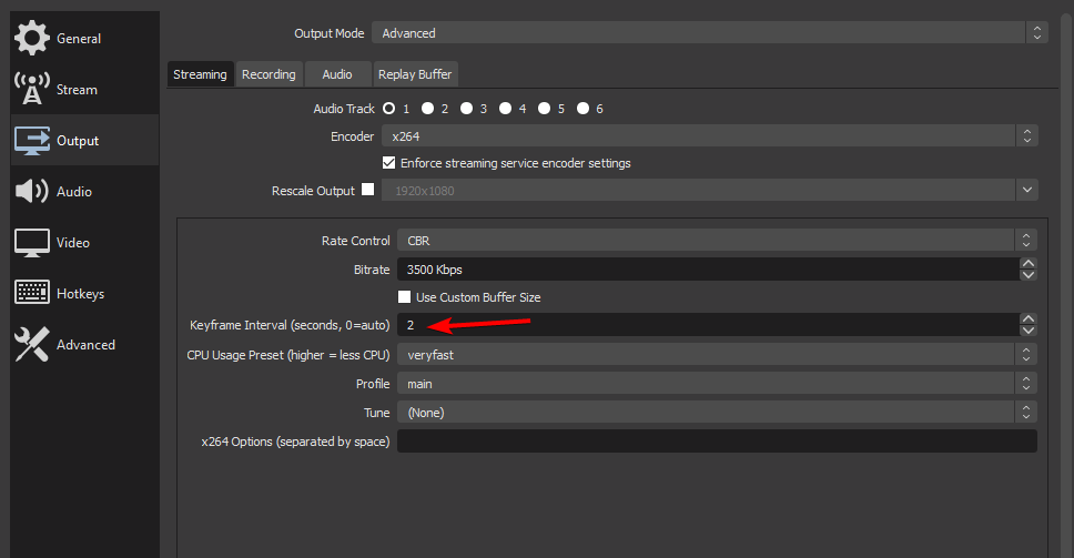 Установка интервала ключевых кадров в 2 секунды