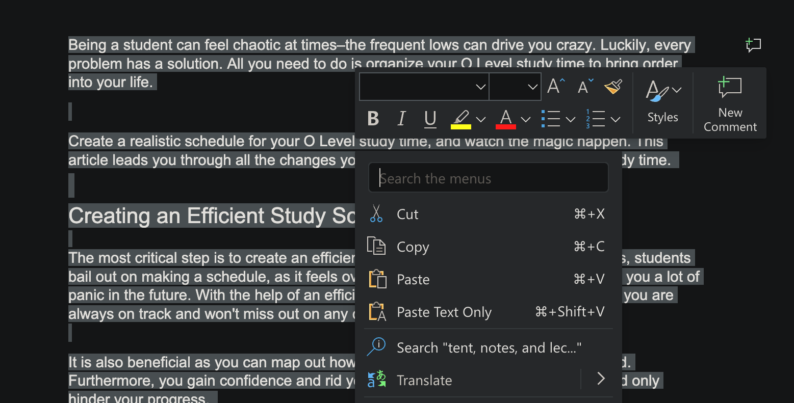 Копирование выделенного текста в Word