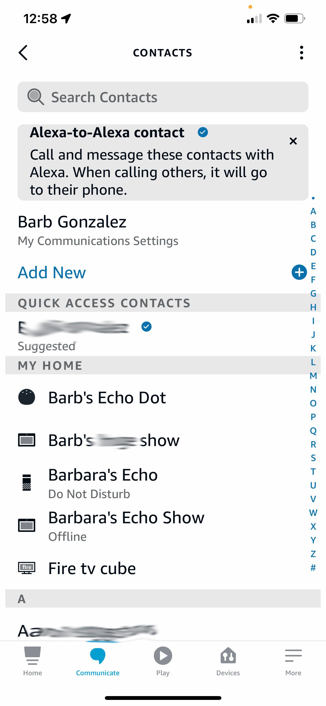 Add new contact from the Contacts screen in the Alexa App